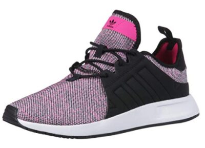 This is an image of a black, shock punk and white color combination unisex basketball shoes by Adidas designed for kids. 