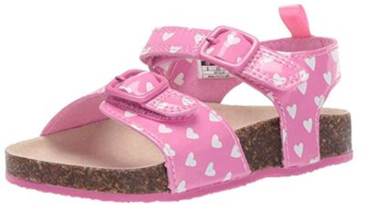 this is an image of a pink girl's buckle sandal.