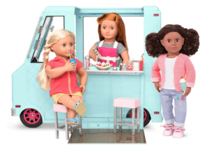Dolls Sweet Stop Ice Cream Truck for Dolls, 2 doll figures standing beside and inside the ice cream car