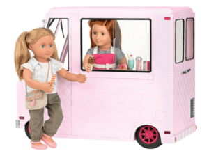 2 dolls hanging around an Ice Cream Truck for 18 Inch Dolls, Pink