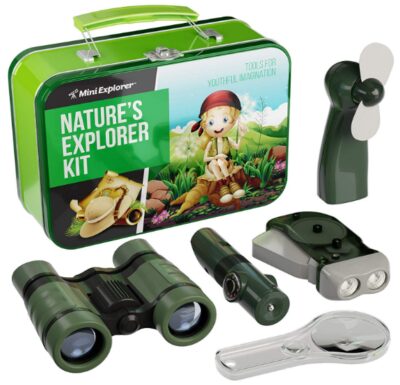 this is an image of kid's binoculars outdoor exploration kit in green color