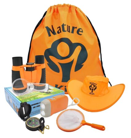 This is an image of a kid's binocular, flashlight, compass, magnifying glass, butterfly net toys and backpack. 