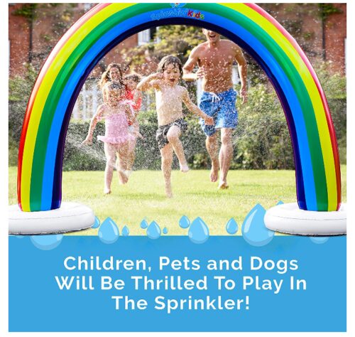  this is an image of an outdoor rainbow sprinkler for kids.