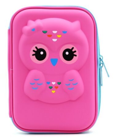 This is an image of a rose pink pencil case with an owl fave embossed on top. 