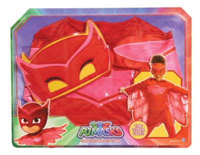 This is an image of a red PJ Masks Owlette costume for kids. 