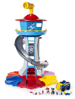 this is an image of a Paw Patrol tower with vehicle for kids. 