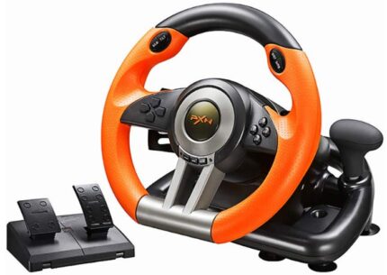 This is an image of Racing wheel with pedals in black and orange colors