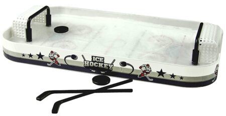 This is an image of kid's tabletop hockey board game in white and black colors