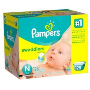 green and yellow package with pampers written on it and an image of a Newborn baby smiling