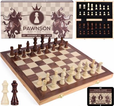 This is an image of a kid's wooden chess board game set. 