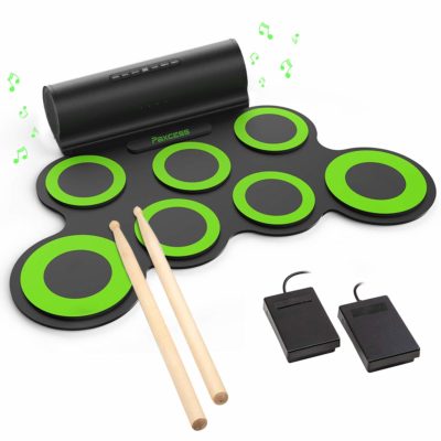 This is an image of a green electric drum pad with sticks and pedals.
