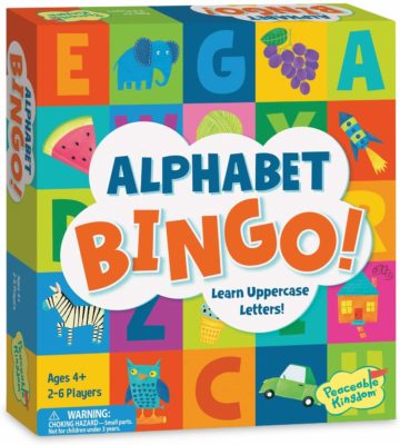 This is an image of a letter recognition game called Alphabet Bingo by Peaceable Kingdom. 