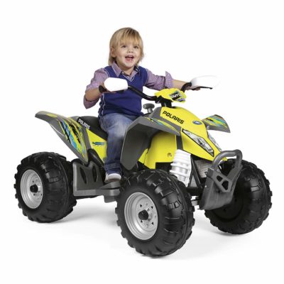 This is an image of a kid riding a yellow atv by Peg Perego. 