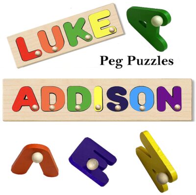 This is an image of kid's personalized wooden name puzzle by peg puzzles