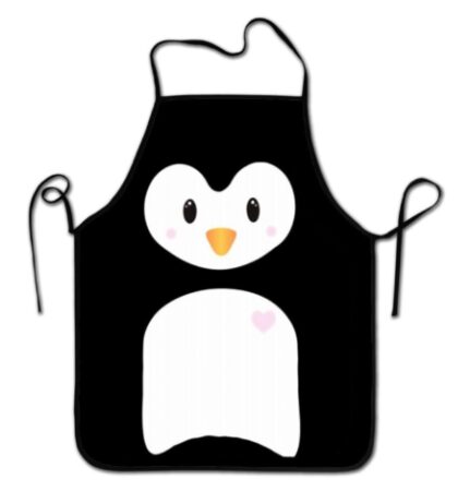 This is an image of a black apron with penguin character. 