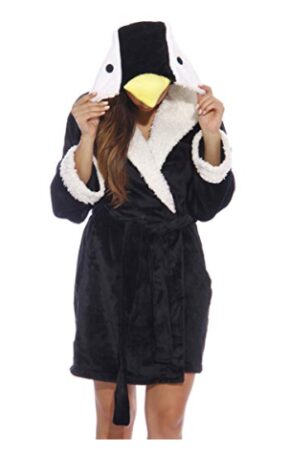 This is an image of a black hoodie robe in penguin character. 