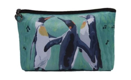 This is an image of a green pouch imprinted with 3 emperor penguins. 
