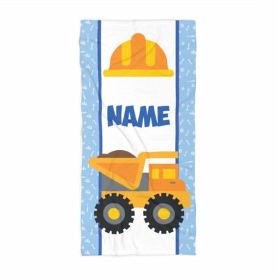 This is an image of a personalized towel for kids with dump truck toy print. 
