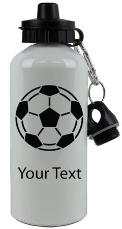 This is an image of kid's personalized soccer ball water bottle in white and black colors