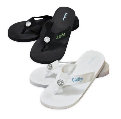 this is an image of a black and white personalized flip flops for teenage girls. 