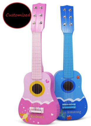This is an image of kid's personalized guitar in pink and blue colors