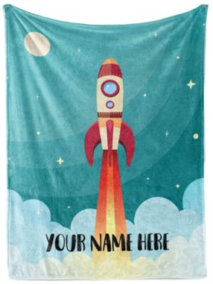This is an image of kid's personalized rocket launch space theme blanket in colorful colors