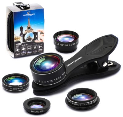 this is an image of a camera lens kit for iphone and samsung. 