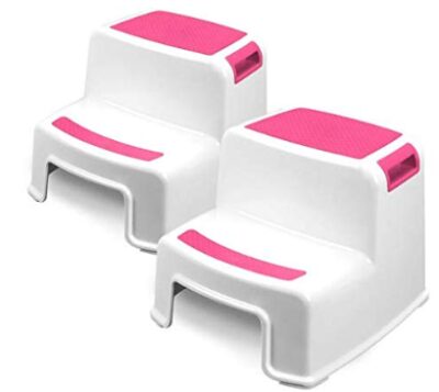 this is an image of a pink 2 pack step stool with non-sleep feature, ideal for bathroom, kitchen and toilet potty training. 