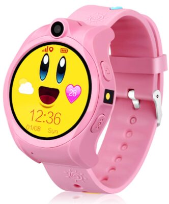 this is an image of a 1.44-inch pink smart watch with SOS, camera, alarm clock, game, touch screen and sport fitness tracker feature designed for kids.