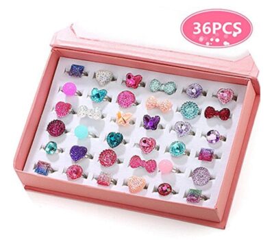 this is an image of a 36-piece pretend play and dress up rings in a pink box for little girls.