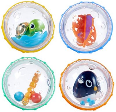This is an image of four bubbles bath toys in colorful colors for babies bath