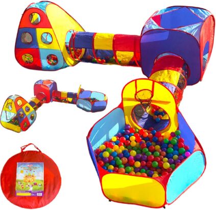 This is an image of jungler gym with pop up tents and tunnels and basketball pit for kids by Playz