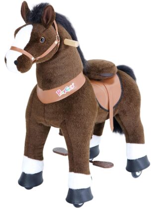 This is an image of kid's ponycycle ride on hourse in chocolate brown color