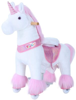 This is an image of kid's Ponycycle horse toy in white and pink colors