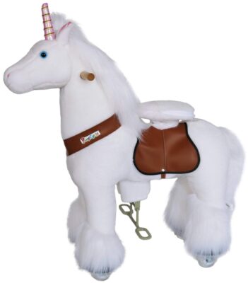 This is an image of kid's pony cycle riding horse in white color