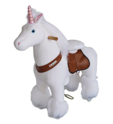 this is an image of a ride-on unicorn for little girls ages 4 to 10 years old. 