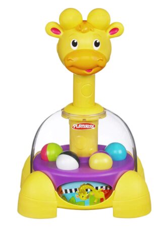 This is an image of a popping and swirling yellow giraffe toy for kids. 