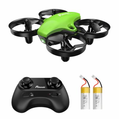 This is an image of a green mini drone with remote control and detachable batteries. 