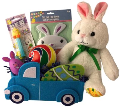 This is an image of kid's plush with candy and a car toys basket prefilled