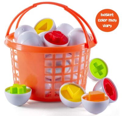 This is an image of kid's eggs educational puzzle basket prefilled