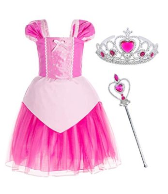 This is an image of a pink princess dress with accessories.