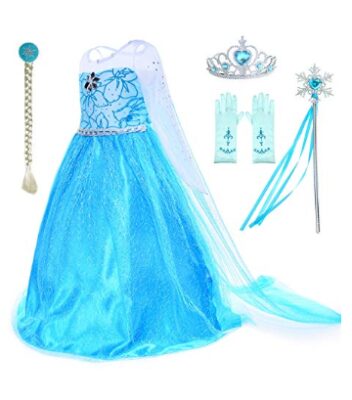This is an image of a blue Elsa gown and accessories. 