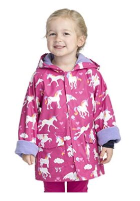 this is an image of a pink printed raincoat for kids.
