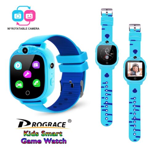 this is an image of a touchscreen smartwatch with camera, flashlight, games, fm, and radio features for 4 to 12 years old kids. 