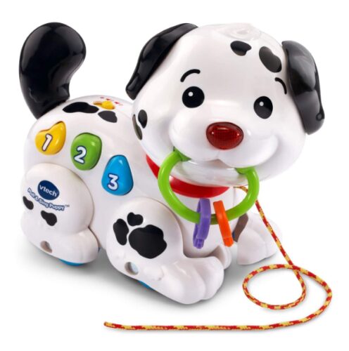 this is an image of a pull and sing puppy toy for 7 month old kids. 