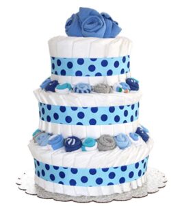 this is an image of a 3 tier decorated diaper cake for baby boys. 