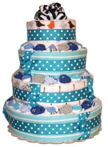 this is an image of a 4 Tier blue diaper cake for baby boys. 
