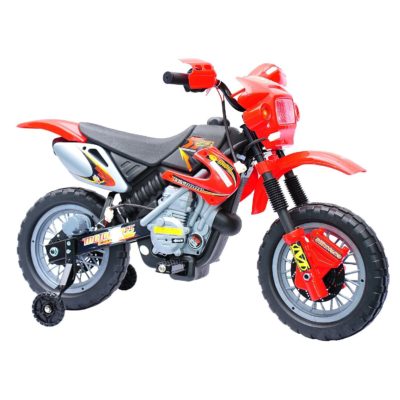 This is an image of a red electric dirt bike for kids.