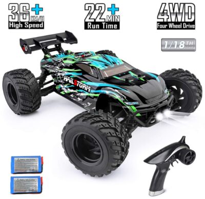 This is an image of Remote control monster truck in black and blue colors by HAIBOXING