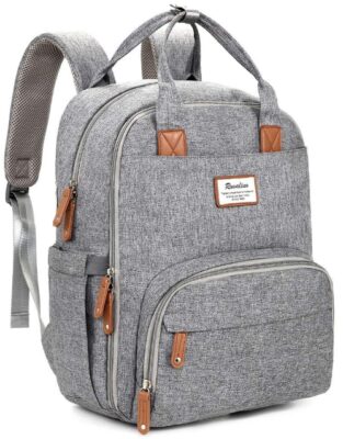 this is an image of a gray waterproof and multifunction diaper bag backpack for parents. 